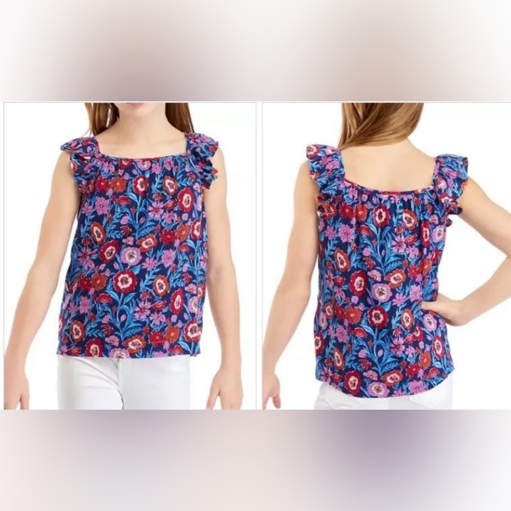 Vineyard Vines Girls Blue Floral Ruffle Tank Flutter Sleeves Size XL